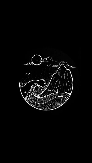Minimalist Black and White Line Art of a Mountain and Ocean Wave with Moon HD phone wallpaper