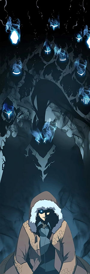 Solo Leveling Anime Character with Glowing Blue Eyes and Dark Spirit Aura HD phone wallpaper