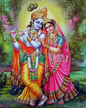 Radha Krishna Divine Couple Playing Flute in Lush Forest HD phone wallpaper