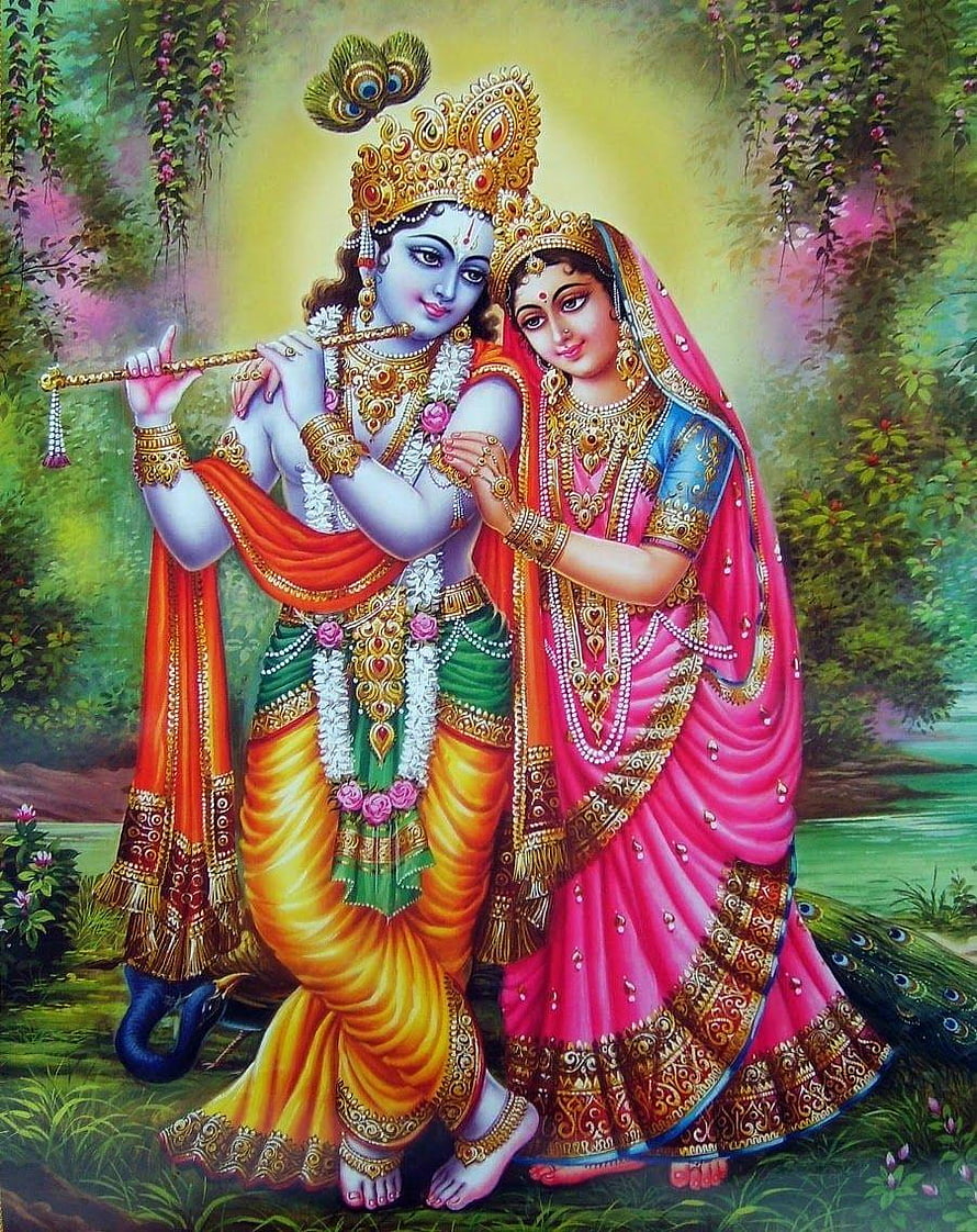 Radha Krishna Divine Couple Playing Flute in Lush Forest HD phone wallpaper