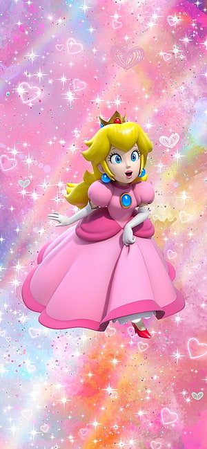 Princess Peach in Pink Dress with Sparkling Hearts Background HD phone wallpaper