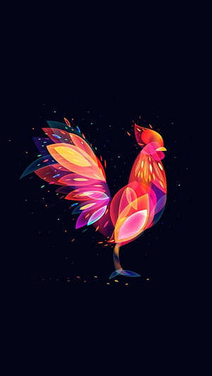 Vibrant Geometric Rooster Digital Art with Neon Gradient Feathers on Dark Background HD phone wallpaper