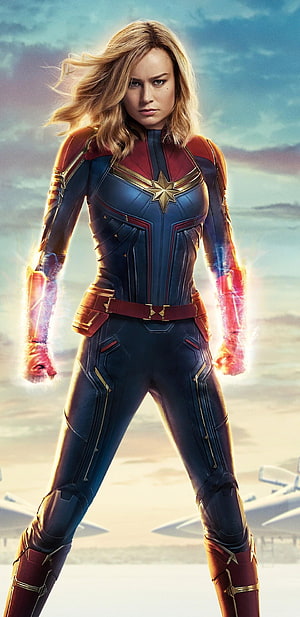 Captain Marvel Brie Larson in Iconic Red and Blue Suit with Glowing Quantum Energy HD phone wallpaper