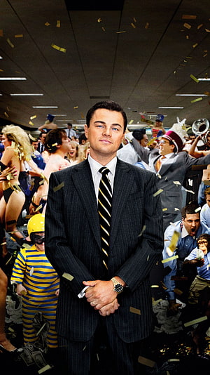 Leonardo DiCaprio in Wolf of Wall Street Pinstripe Suit Amid Trading Floor Chaos HD phone wallpaper