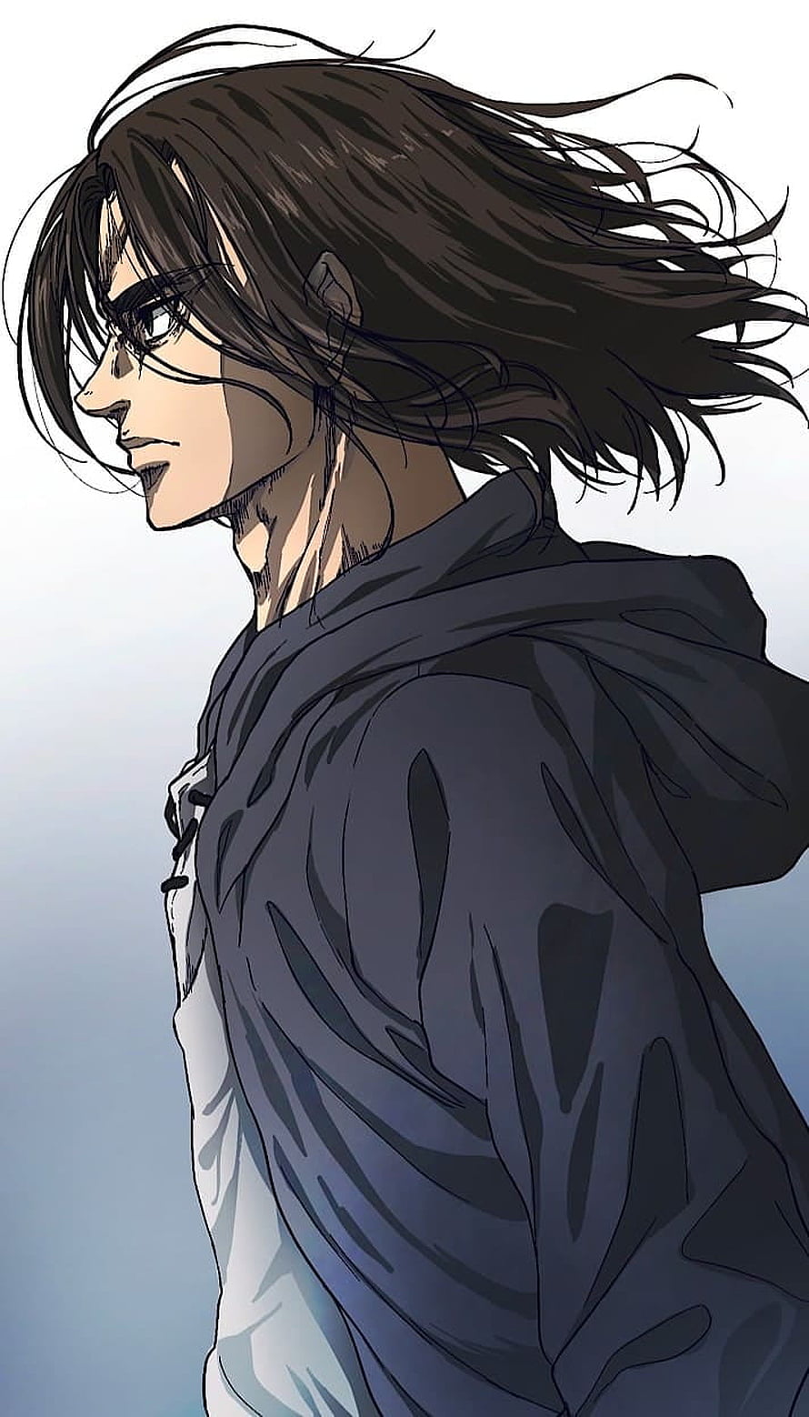 Eren Yeager Adult Profile in Dark Hoodie with Windblown Hair HD phone wallpaper