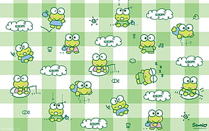 Keroppi Green Gingham Pattern with Cute Frog Characters and Clouds HD wallpaper