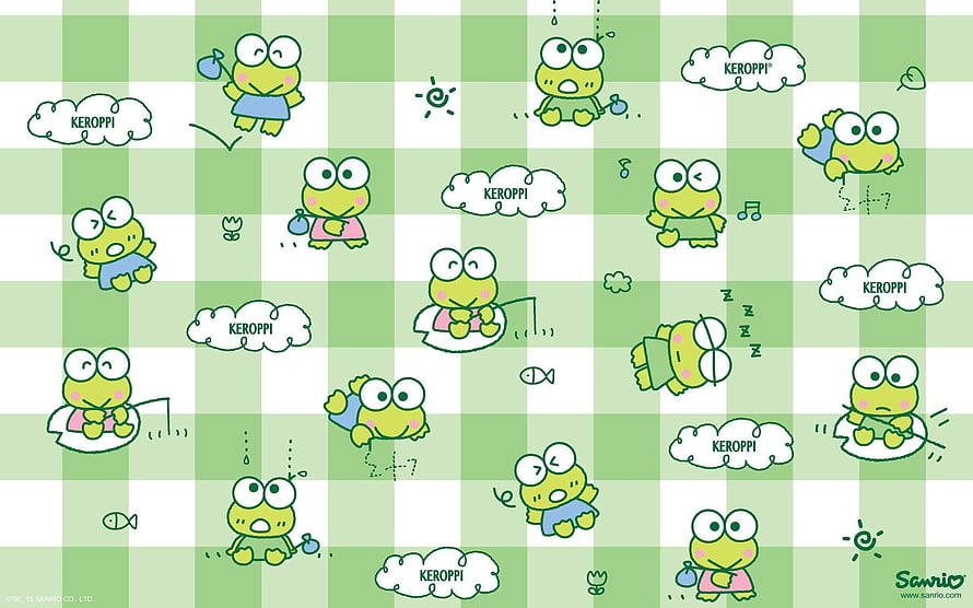 Keroppi Green Gingham Pattern with Cute Frog Characters and Clouds HD wallpaper