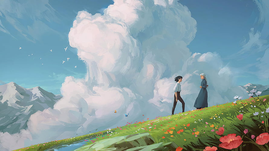 Howl's Moving Castle Anime Illustration of Two Characters on a Flowering Hillside HD wallpaper