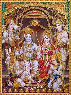 Radha Krishna with Hanuman and Narada Divine Hindu Deity Art, Glitter Poster of Ram Darbar, #ram darbar HD phone wallpaper