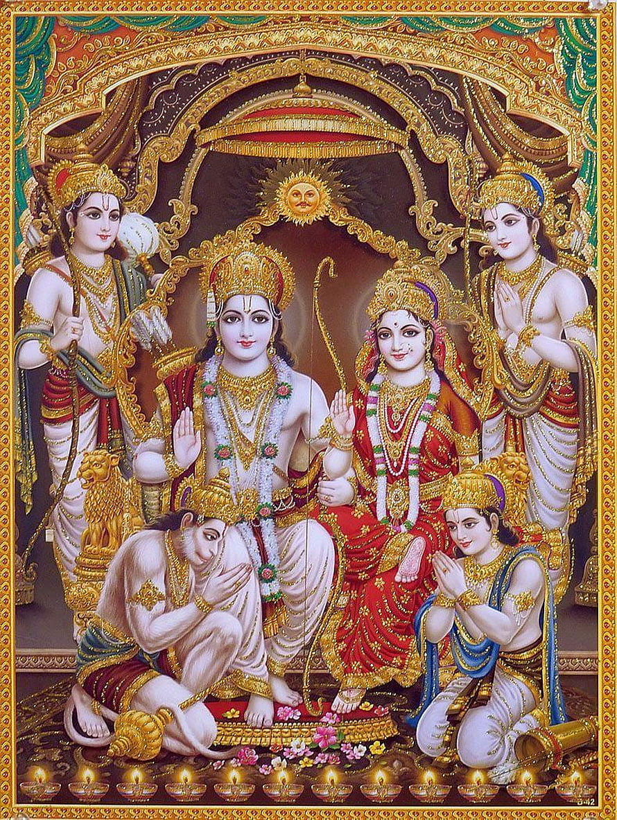 Radha Krishna with Hanuman and Narada Divine Hindu Deity Art, Glitter Poster of Ram Darbar, #ram darbar HD phone wallpaper