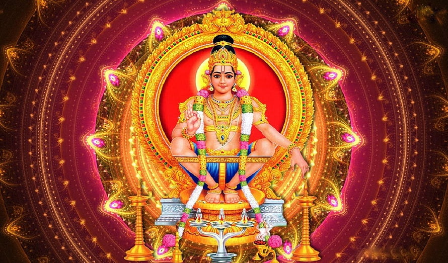 Lord Ayyappa Swami Digital Art with Golden Mandala and Oil Lamps HD wallpaper