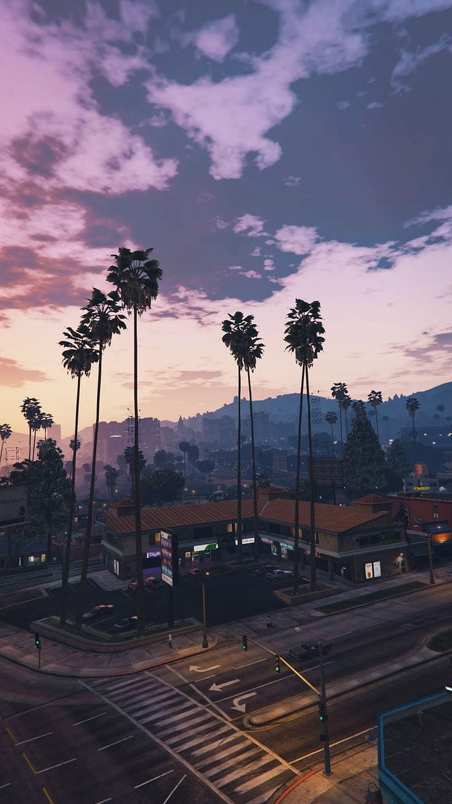 GTA V Los Santos Sunset Skyline with Palm Trees and Cityscape HD phone wallpaper