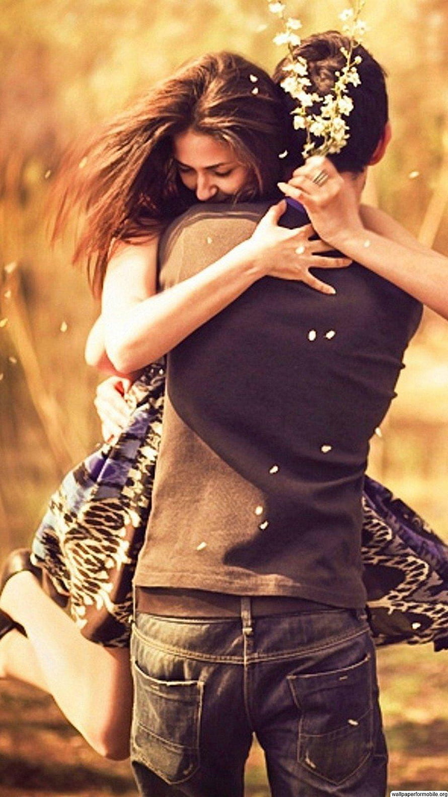 Romantic Couple Hugging in Golden Field with Falling Flower Petals, Boy And Girl Love , Custom 33 Boy And Girl Love, boy girl HD phone wallpaper