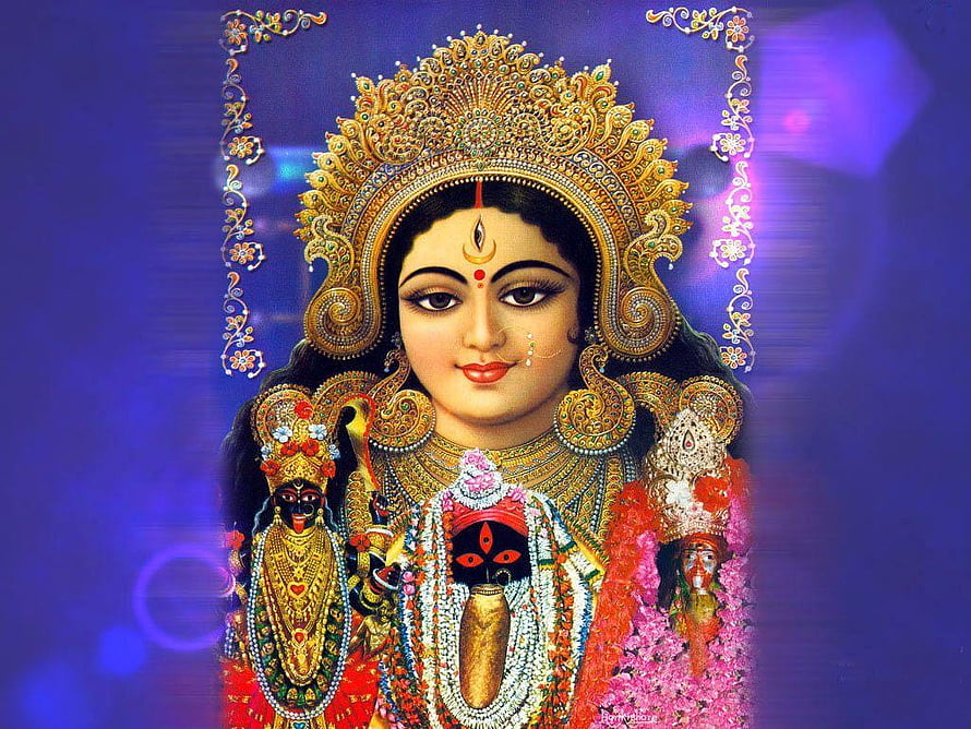 Maa Durga Hindu Goddess Portrait with Ornate Crown and Sacred Symbols HD wallpaper