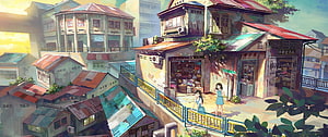 Anime Summer Street Scene with Girls and Traditional Buildings HD wallpaper