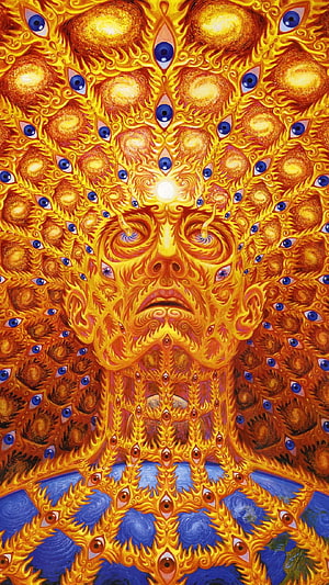 Alex Grey psychedelic face with golden flames and blue eyes in surreal mandala style HD phone wallpaper
