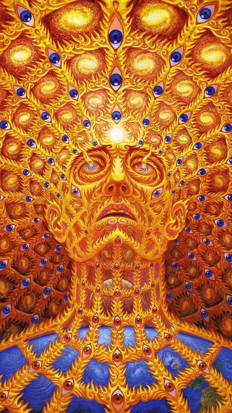 Alex Grey psychedelic face with golden flames and blue eyes in surreal mandala style HD phone wallpaper