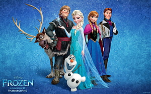 Disney Frozen Movie Poster Featuring Elsa, Anna, Kristoff, Sven, Olaf, and Hans Against an Icy Blue Background HD wallpaper