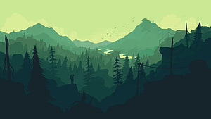 Minimalist Green Forest Landscape with Distant Mountain and Lone Figure HD wallpaper
