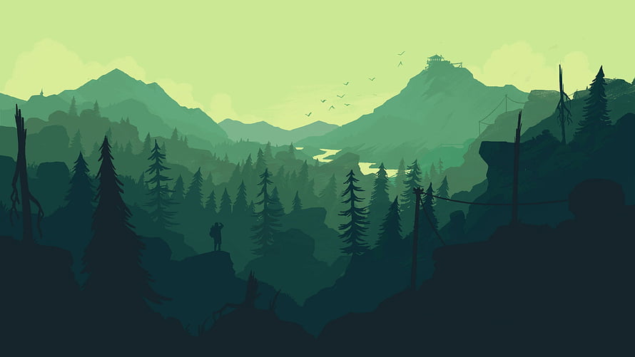 Minimalist Green Forest Landscape with Distant Mountain and Lone Figure HD wallpaper
