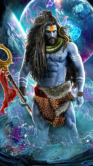 Lord Shiva Blue Skin With Trishul And Snake In Cosmic Background HD phone wallpaper