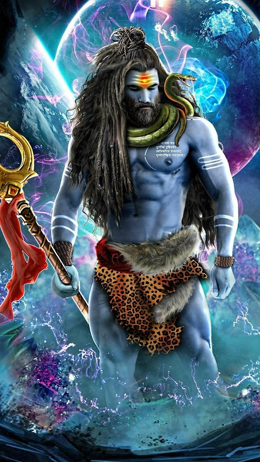 Lord Shiva Blue Skin With Trishul And Snake In Cosmic Background HD phone wallpaper