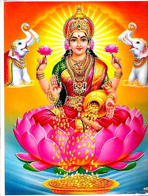 Goddess Lakshmi Sitting on Lotus with Elephants Pouring Water and Gold Coins HD phone wallpaper