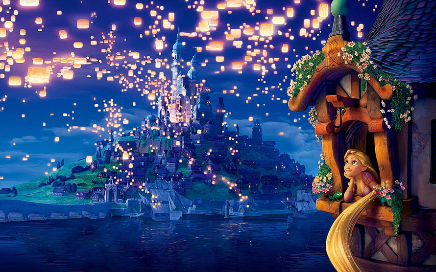 Rapunzel Watching Floating Lanterns Over Corona Castle at Night HD wallpaper