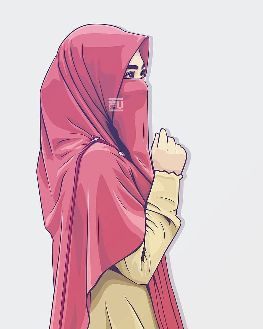 Pink Niqab Girl Cartoon Illustration with Beige Clothing and Soft Shading HD phone wallpaper