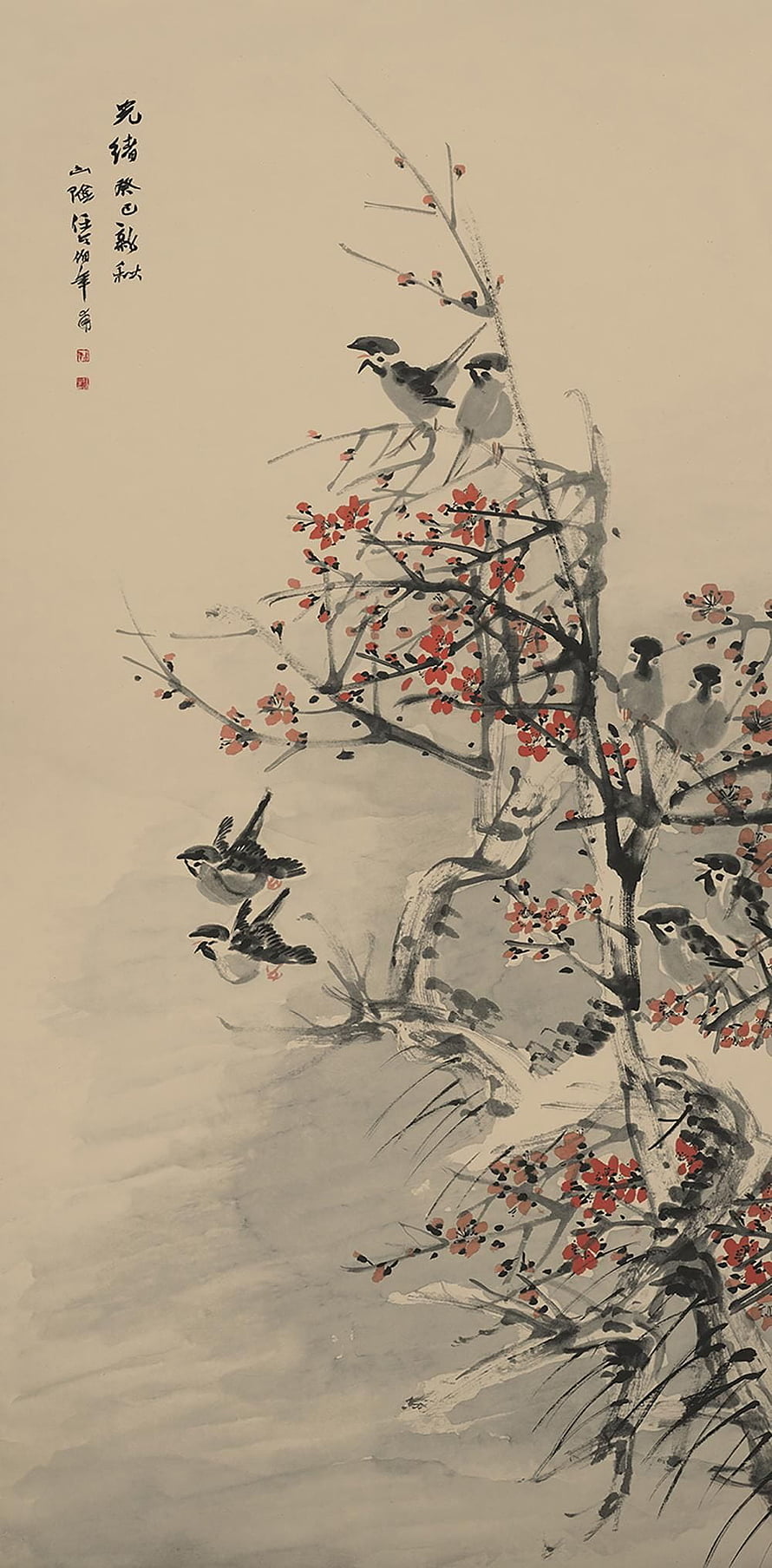 Traditional Chinese Ink Painting of Birds and Blossoming Plum Blossoms HD phone wallpaper