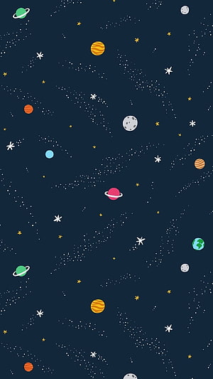 Cute Cartoon Space Pattern With Planets Stars And Shooting Stars On Dark Blue Background HD phone wallpaper