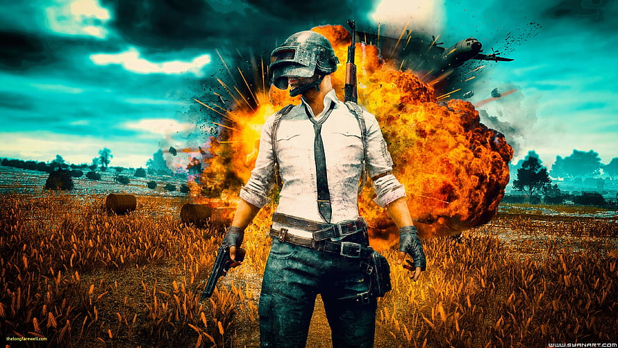 PUBG Soldier in Wheat Field with Explosion and Airplane Crash HD wallpaper