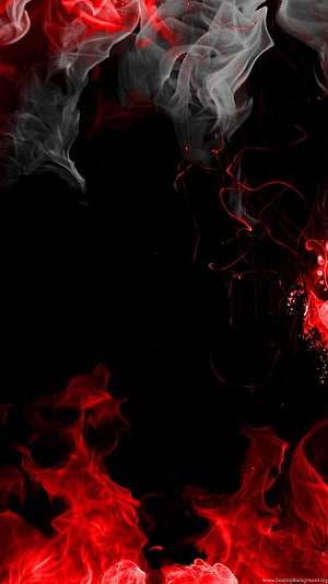 Dramatic red and white smoke swirling against a deep black background HD phone wallpaper