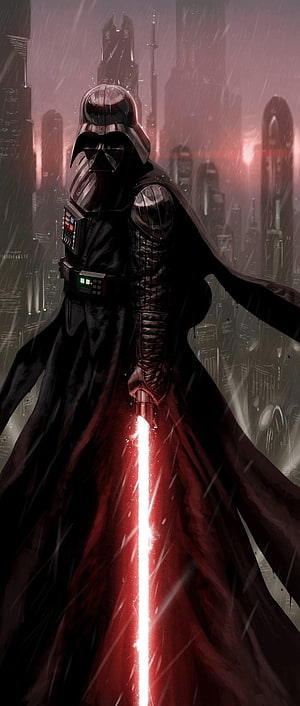 Darth Vader Wielding Red Lightsaber in Rainy Imperial Cityscape HD phone wallpaper