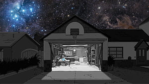 Rick and Morty Garage Scene Under a Starry Night Sky HD wallpaper