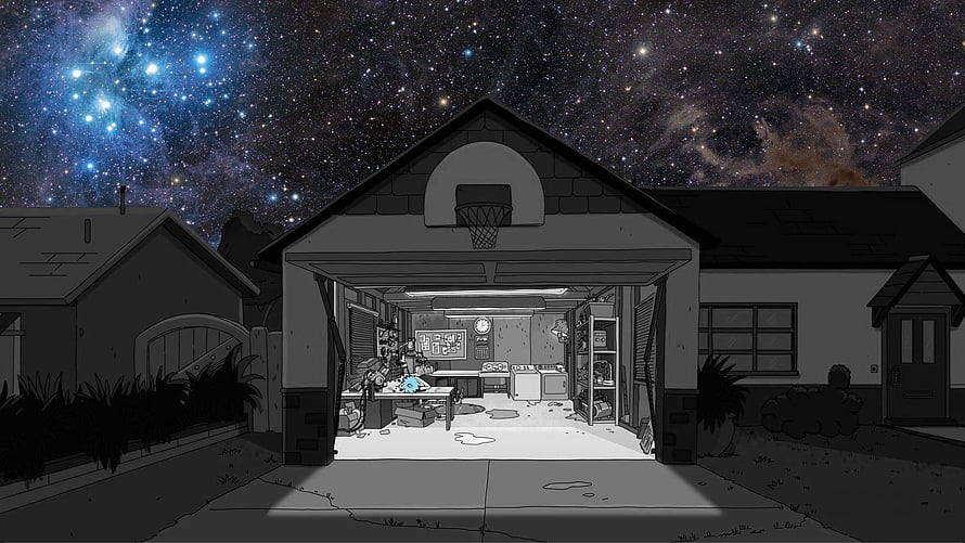 Rick and Morty Garage Scene Under a Starry Night Sky HD wallpaper