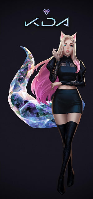K/DA Ahri Kpop Popstar Concept Art with Crystal Tail and Black Outfit HD phone wallpaper