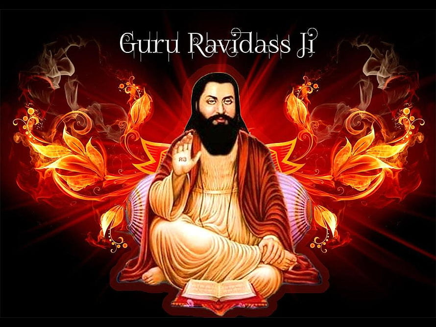 Guru Ravidas Ji Meditating with Sacred Text and Radiant Flame Aura HD wallpaper