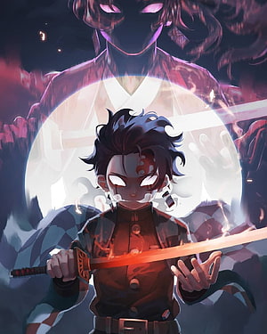 Tanjiro Kamado wielding a glowing sword with a menacing shadow figure looming behind him in a dramatic anime illustration HD phone wallpaper