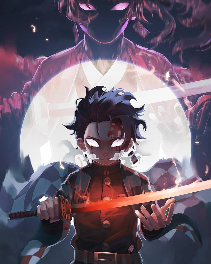 Tanjiro Kamado wielding a glowing sword with a menacing shadow figure looming behind him in a dramatic anime illustration HD phone wallpaper