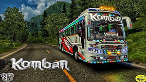 Komban Bus Simulator Game Wallpaper Featuring Decorated Coach on Scenic Mountain Road HD wallpaper