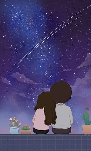 Anime Couple Watching Shooting Stars on a Rooftop at Night HD phone wallpaper