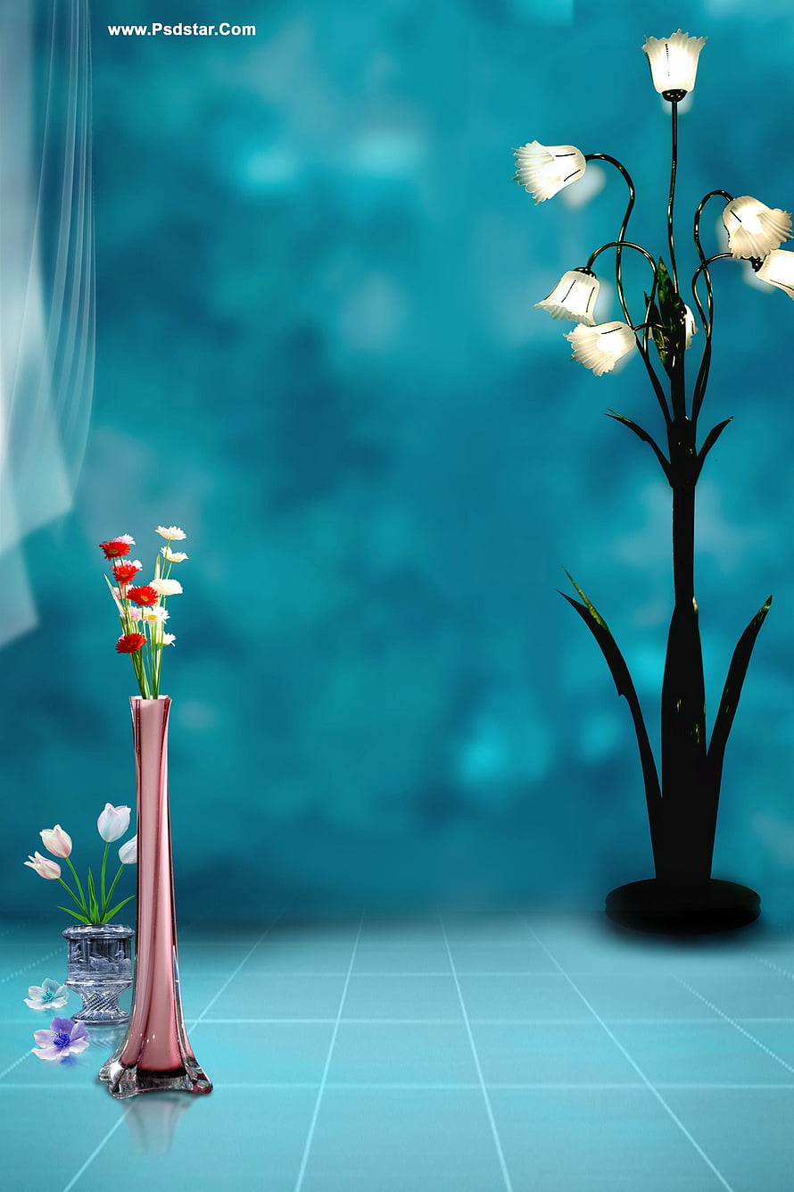 Elegant Pink Vase with Red and White Flowers Beside a Modern Floral Floor Lamp on Blue Background HD phone wallpaper