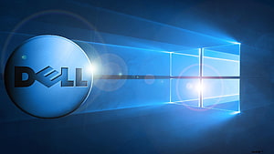 Dell and Windows 10 Logos on a Blue Digital Background with Lens Flare Effects HD wallpaper