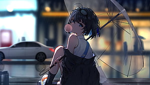 Anime Girl With Bubblegum And Broken Umbrella In Rainy City HD wallpaper