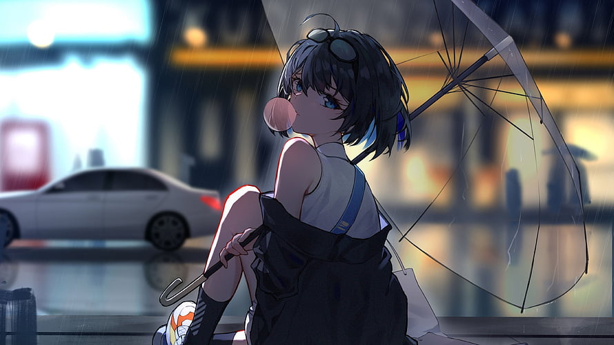 Anime Girl With Bubblegum And Broken Umbrella In Rainy City HD wallpaper