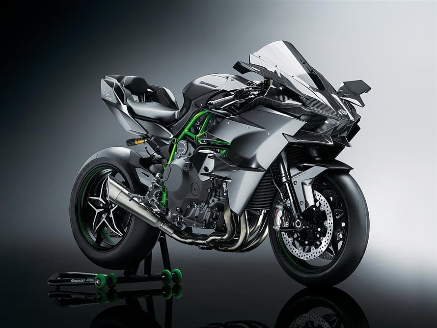 Kawasaki Ninja H2R Superbike in Matte Silver and Green on Studio Display Stand HD wallpaper