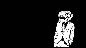 Troll Face Meme Character in a White Suit on Black Background HD wallpaper
