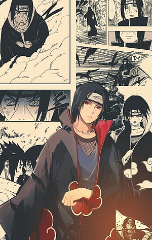 Itachi Uchiha Akatsuki cloak anime manga panel collage wallpaper, Itachi Manga, itachi throne HD phone wallpaper