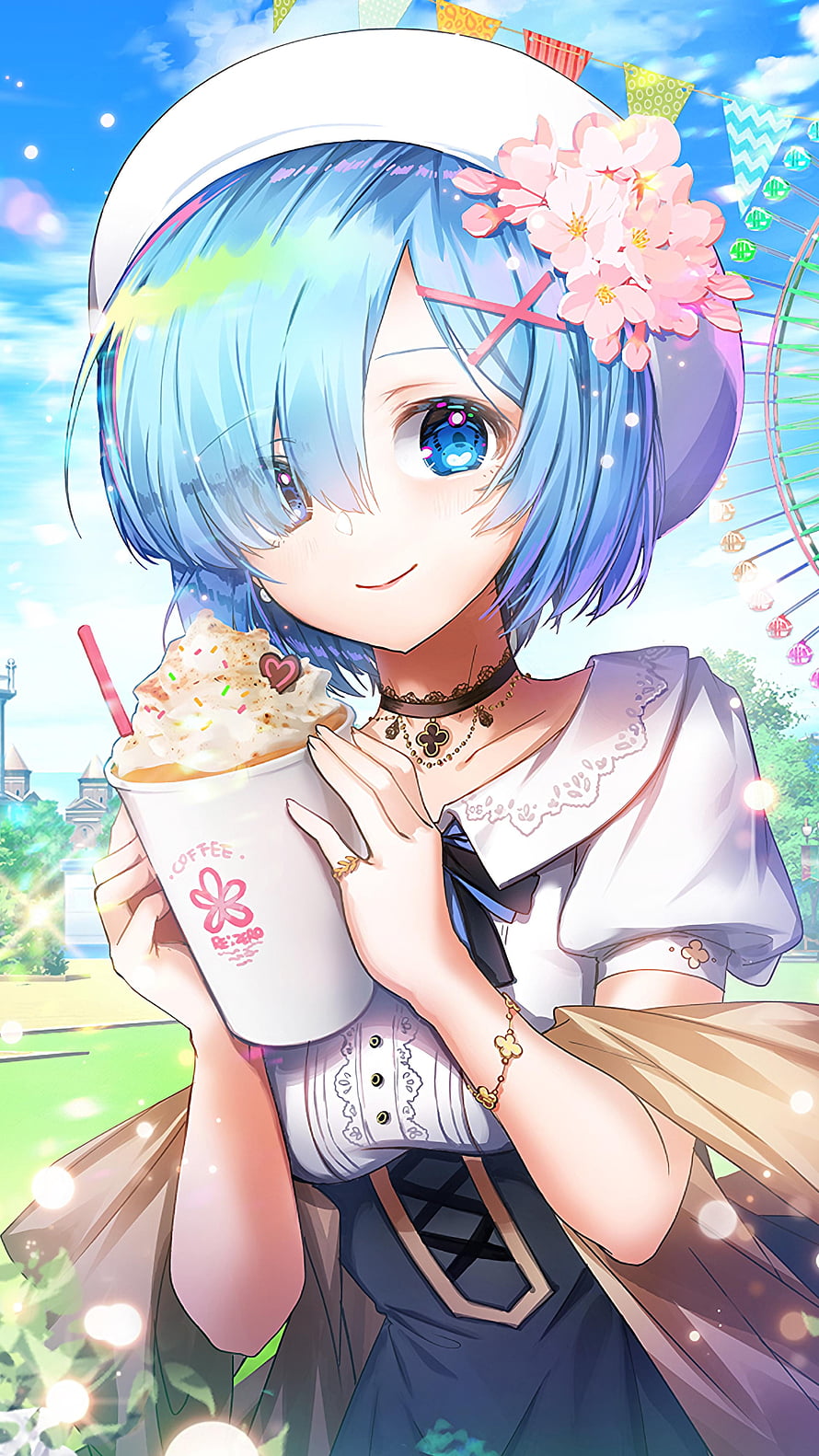 Blue-Haired Anime Girl Holding Iced Coffee at a Sunny Amusement Park HD phone wallpaper